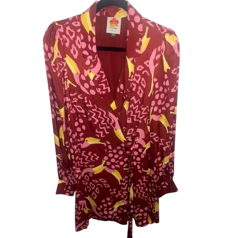 EUC FARM Rio Toucanissimo Long Sleeve Print Wrap Dress Burgundy Small Beaded